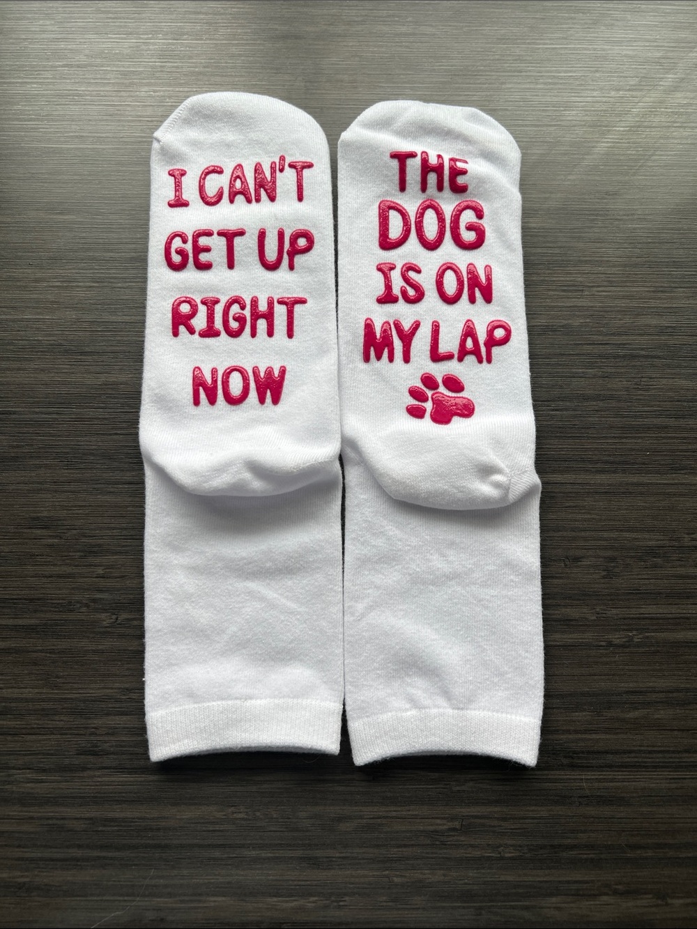 White Socks with Pink "The Dog Is On My Lap" Text
